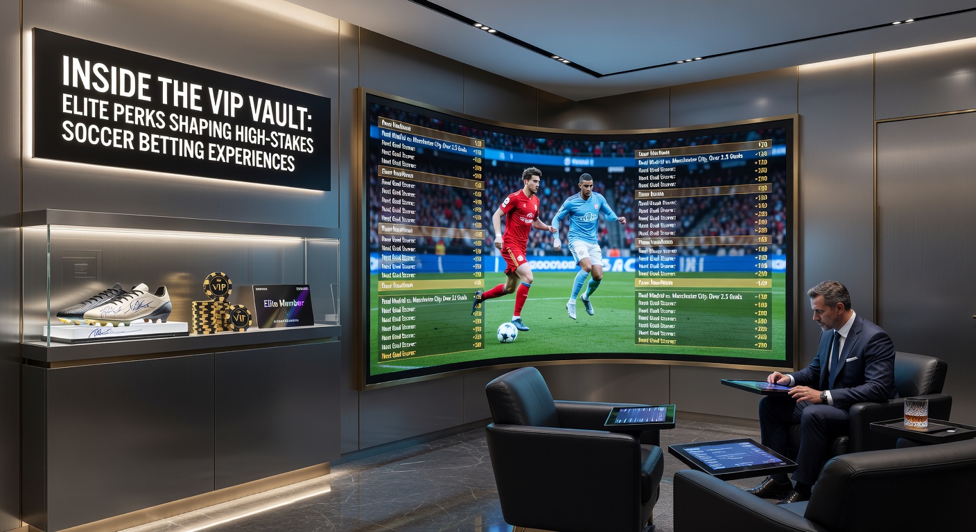 Luxuriöses VIP-Lounge-Ambiente mit Bildschirmen voller Fußballquoten und eleganten High Rollern, die Wetten platzieren