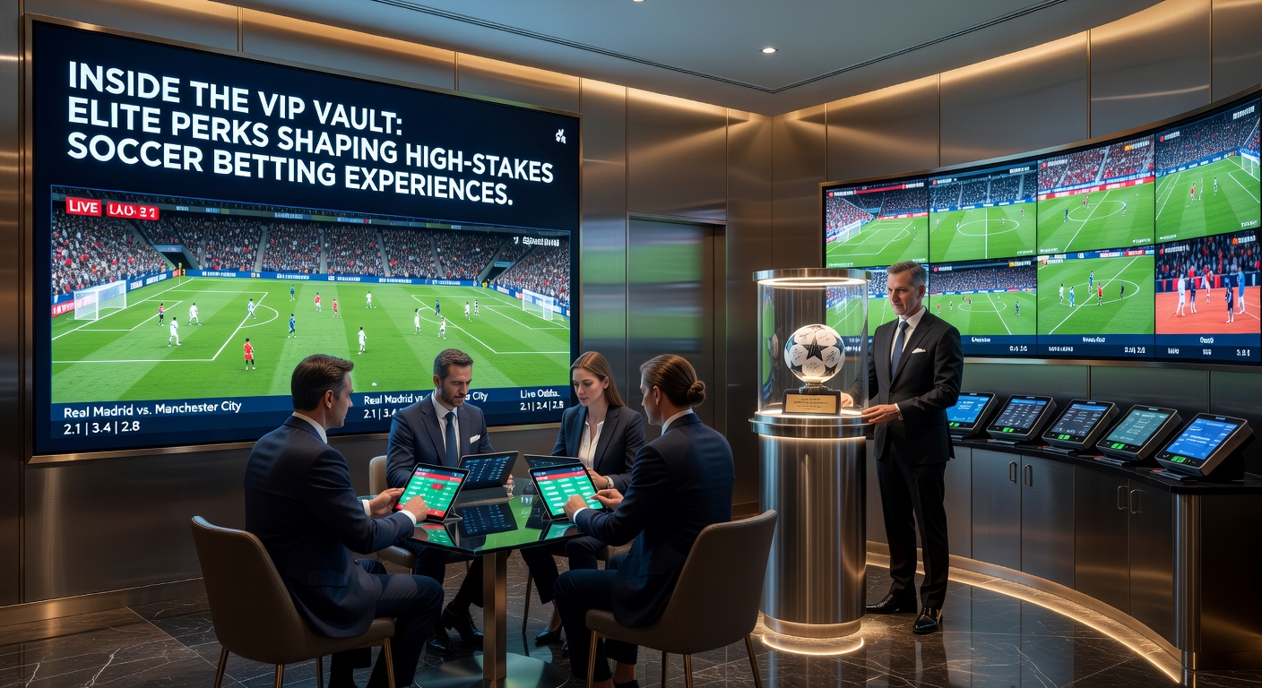 Gruppe von VIP-Wettern in einer opulenten Lounge mit Champagner und Großbildschirmen, die ein Fußballspiel übertragen, während ein Manager Odds erklärt